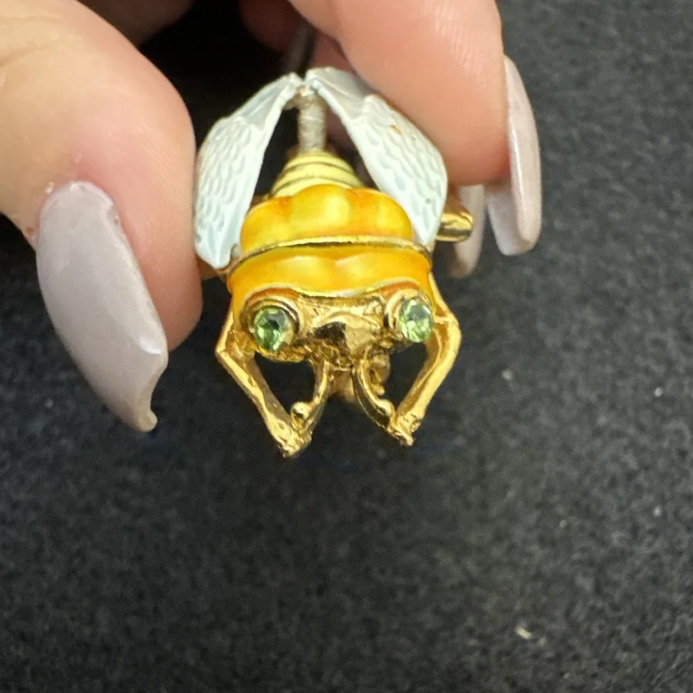 Vintage 1950's Gorgeous Enamel Cicada Brooch Multicolored Gold Tone